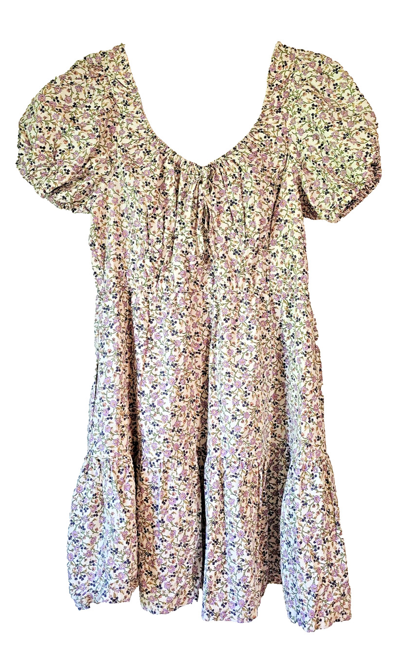 &merci Womens Large Floral Puff Sleeve Tiered Dress Cottagecore Purple Cream